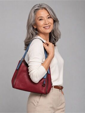 Ladies Coach Lori Leather Hobo Shoulder Bag - Burgundy with Blue Accents